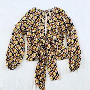 Forever 21 print top Womens Extra Small black gold rust open front back party